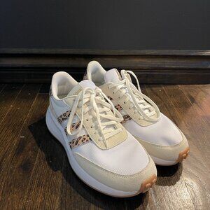 Women's size 8.5 adidas retro sneakers white/tan with leopard print stripes